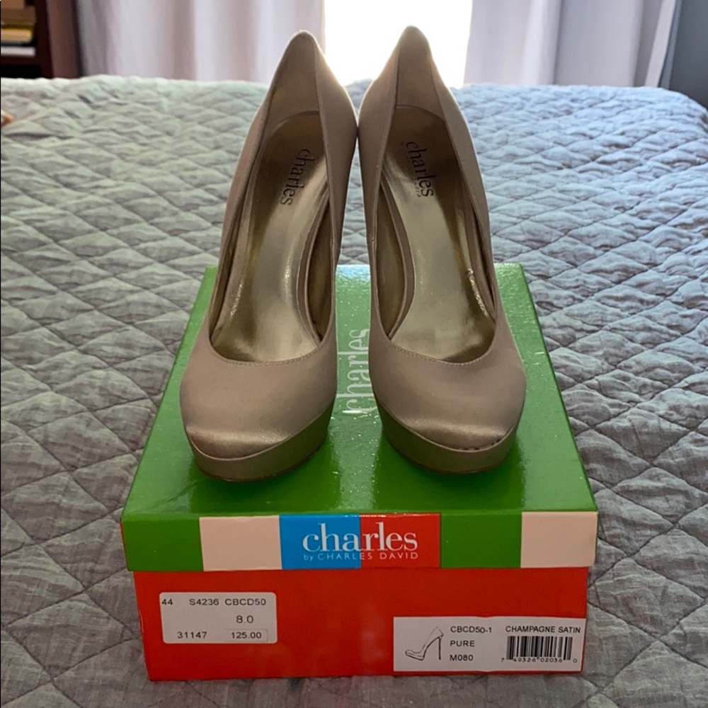 EUC, Charles Davis Champagne satin pumps, size 8